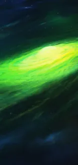 Vibrant green cosmic swirl on dark background wallpaper.