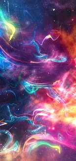 Vibrant cosmic swirl with neon colors and abstract design for phone wallpaper.