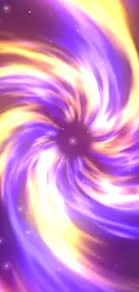 Vibrant cosmic swirl in purple and yellow tones for mobile wallpaper.