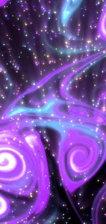 Colorful cosmic swirl wallpaper with purple and black hues, featuring starlit accents.