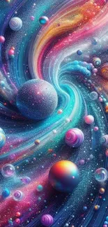 Vibrant cosmic swirl with colorful planets in space.