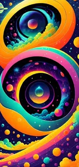 Vibrant cosmic wallpaper with colorful swirls and planets.