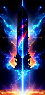 Abstract cosmic sword with vibrant blue and fiery orange energy.