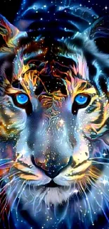 Vibrant cosmic tiger with neon and celestial patterns in blue tones.