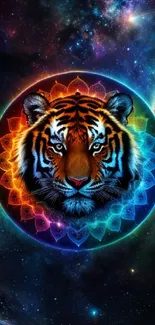 Vibrant cosmic tiger wallpaper with neon colors and galaxy background.