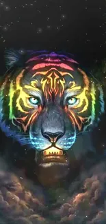 Vibrant cosmic tiger with neon colors on a dark starry background.