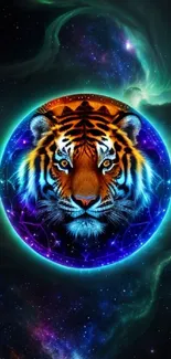 Stunning tiger artwork with cosmic and neon elements on a galaxy background.