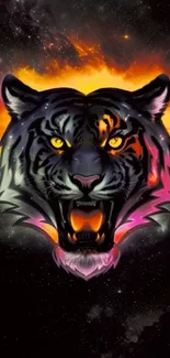 Vibrant cosmic tiger with glowing neon and galaxy background.