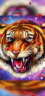 Colorful cosmic tiger artwork wallpaper with stars and hearts.