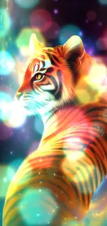 Vibrant cosmic tiger with colorful abstract background.