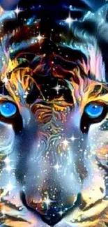 Cosmic tiger face with neon colors and sparkling starry effects.