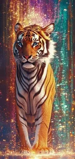Vibrant cosmic tiger with mystical, colorful background in art design.