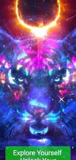 Vibrant cosmic tiger with neon colors and celestial design on phone wallpaper.