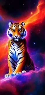 Majestic tiger in vibrant cosmic galaxy on mobile wallpaper.