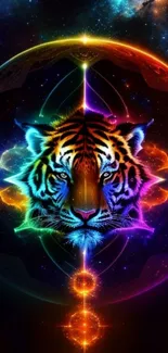 Futuristic neon tiger with cosmic background.