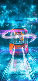 Vibrant orange tram in surreal cosmic scene with blue hues.