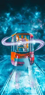 Futuristic tram on a cosmic journey through a starry nebula at night.