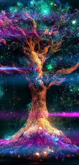 A vibrant, cosmic tree wallpaper with colorful lights on a black background.