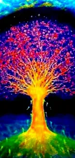 Vibrant cosmic tree with neon colors and stars on a dark blue background.