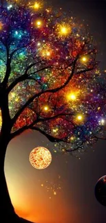 Colorful cosmic tree with vibrant lights and celestial elements.