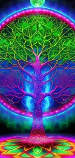 Neon green cosmic tree art wallpaper with vibrant colors.