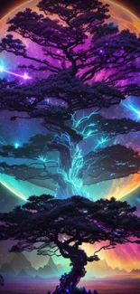 A mystical cosmic tree with a vibrant celestial background in colorful hues.