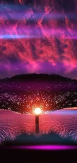 Vibrant cosmic sunset with lone tree silhouette in purple hues.