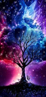 Vibrant cosmic tree with a colorful galaxy background.