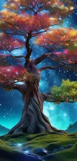 Vibrant tree with rainbow leaves under a starry blue sky.