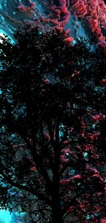 Tree silhouette against vibrant cosmic nebula in teal and red hues.