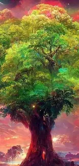 Vibrant green cosmic tree in a colorful universe landscape.