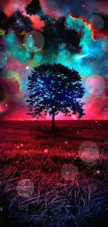 Colorful cosmic night with tree and nebula sky.