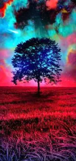 A lone tree silhouetted against a vibrant cosmic-colored sky.