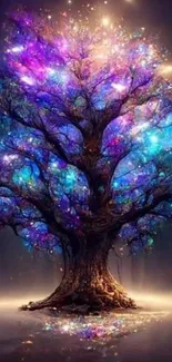 A vibrant cosmic tree glowing in mystical, colorful lights at night.