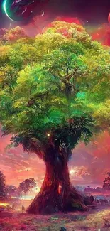 Vibrant tree under a colorful cosmic sky, showcasing fantasy art.