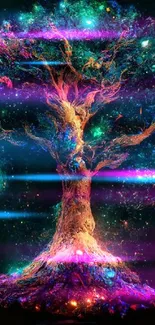 Colorful cosmic tree glowing in neon hues against a dark backdrop.