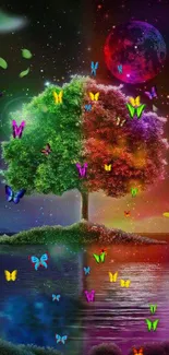 Vibrant cosmic tree with butterflies and moon on a fantasy island.