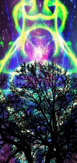 Neon cosmic tree wallpaper with vibrant colors and a starry backdrop.