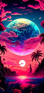 Vibrant cosmic tropical wallpaper with neon hues and celestial sky.
