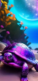 Surreal turtle with cosmic background in vibrant colors for mobile wallpaper.