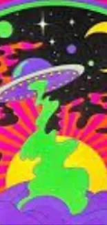 Vibrant cosmic wallpaper with UFO and psychedelic colors.