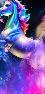 A vibrant, colorful unicorn against a starry cosmic background.