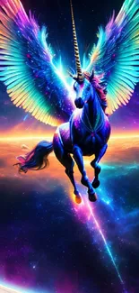 Colorful cosmic unicorn soaring with rainbow wings in a starry space backdrop.