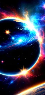 Colorful cosmic universe wallpaper with mysterious planet.