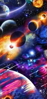 Colorful cosmic wallpaper with planets and stars.