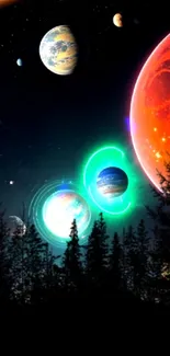 Vibrant cosmic scene with colorful planets and dark sky.