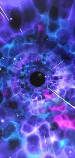 Vibrant cosmic vortex with purple and blue hues and a black hole center.