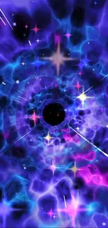 Vibrant cosmic vortex wallpaper with purple and blue hues.