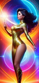 Golden armored warrior with cosmic background in vibrant colors.