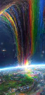 Colorful cosmic waterfall over Earth wallpaper.